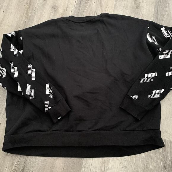 Puma SE Way 1 Sweatshirt Womens XL All Over Logo Pullover Black White Crop Crew - Picture 5 of 7